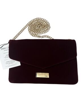 Jimmy Choo GWP Burgundy Velvet Envelope Shoulder Bag with Gold Chain